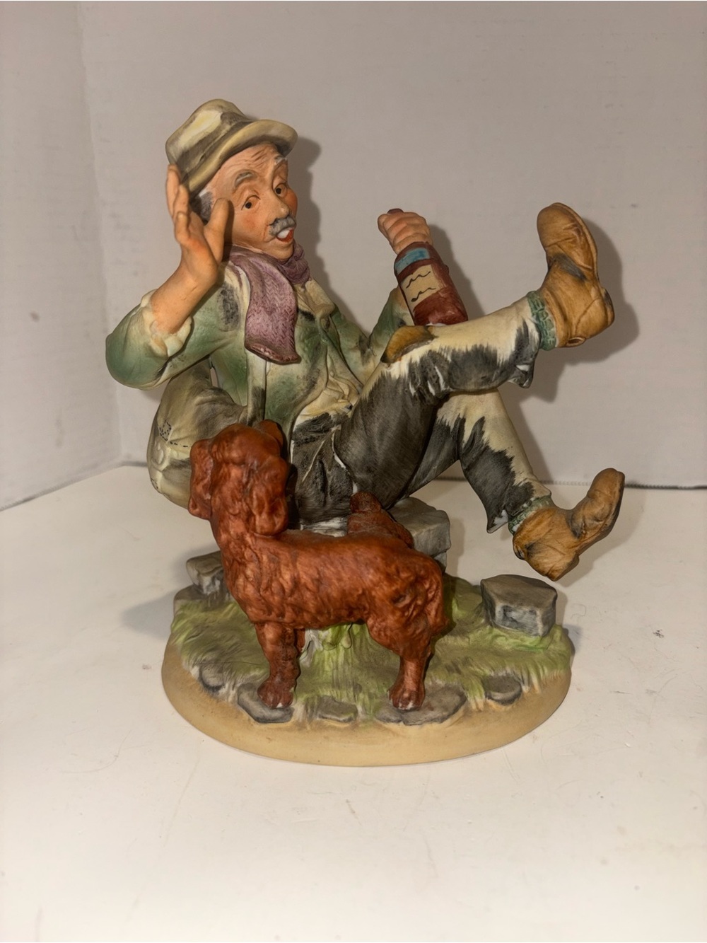 Vintage Lefton 7604 Drunk Man with Dog Ceramic Figurine 7.5" EUC